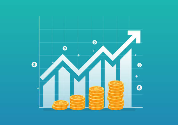 business arrow growing up investition auf blauem hintergrund. grafik zur unternehmensfinanzierung mit münzstock. finanz- und kapitalertragskonzept. pfeilkonzept für den erfolg. vektorillustration im flachen stil. - extra grafiken stock-grafiken, -clipart, -cartoons und -symbole