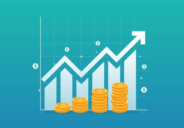 ilustrações de stock, clip art, desenhos animados e ícones de business arrow growing up investment on blue background. business finance graph with coin stock. financial and investment income concept. arrow concept for success. vector illustration in flat style. - financial occupation graph chart blue