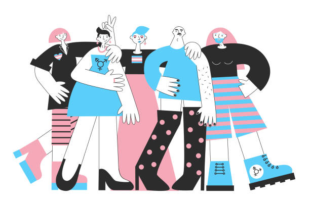 Group of transgender people with colors and symbols of trans queer community. Transgenders mtf and ftm with trans symbols and colors. Genderqueer and crossdressers rights concept. LGBTQ+ equality and pride vector flat illustration set. Social and medical transition. hormone therapy stock illustrations