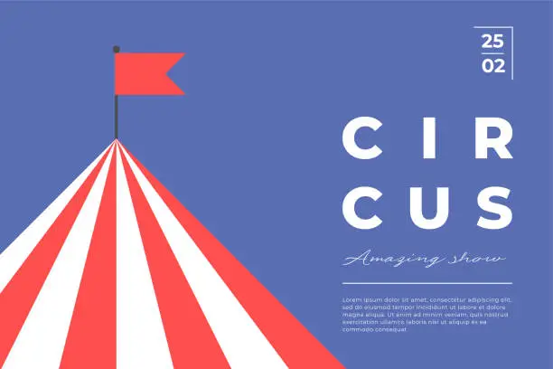 Vector illustration of Circus amazing show minimal trendy horizontal poster. Carnival funfair minimalistic creative design banner with entertainment marquee tent. Fun fair festival flat vector placard