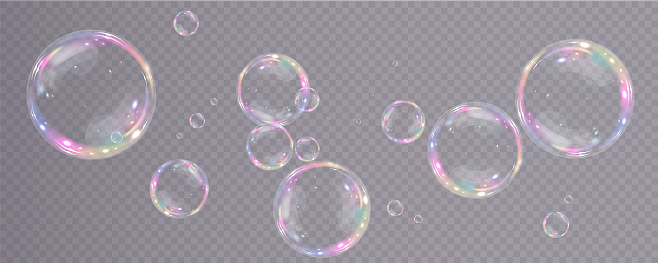 Collection of realistic soap bubbles. Bubbles are located on a transparent background. Vector flying soap bubble. Bubble  Water glass bubble realistic