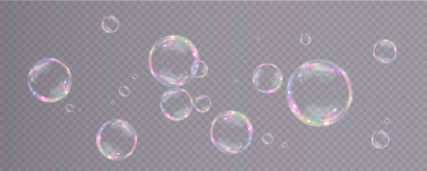 illustrazioni stock, clip art, cartoni animati e icone di tendenza di collezione di bolle di sapone realistiche. le bolle si trovano su uno sfondo trasparente. bolla di sapone volante vettoriale. bolla di vetro dell'acqua realistica - water bubbles immagine