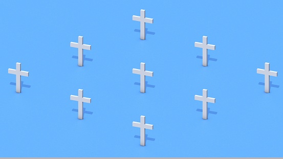 White crosses on a blue background. Background for Halloween or for Memorial Day. Religious concept. 3D render.