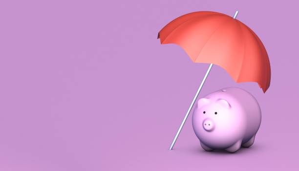 istock Pink piggy bank under a red umbrella, on a pink background. 3D render 1409518048