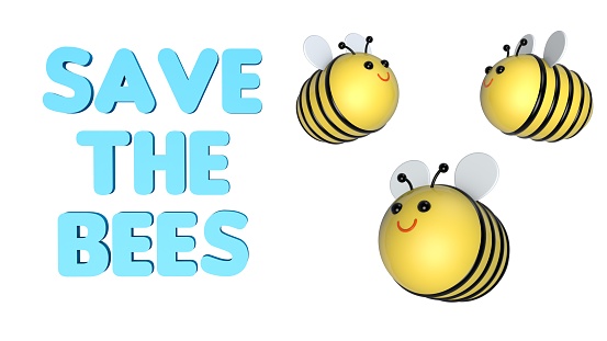 Three cute bees and an inscription Save the bees on a white backgound . No bees, no food. Bees Mission. Cute bee. 3D-render