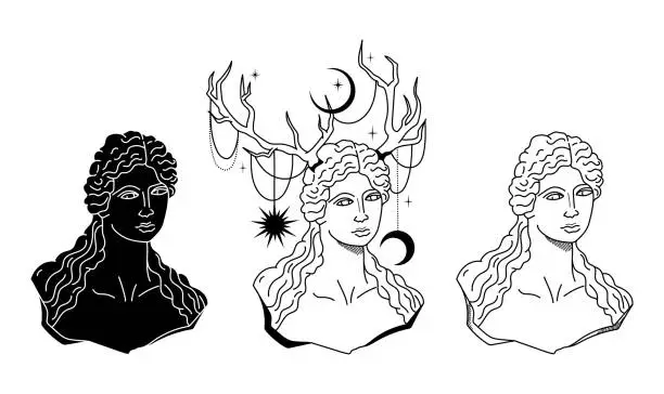 Vector illustration of Mystical Goddess ancient greek statue with horns, vector black white celestial greek bust silhouettes, antique magic sculptures, fantasy hand drawn isolated clip art