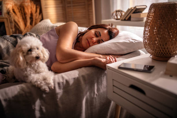 istock Women sleeping with her maltese puppy on bed 1409521934