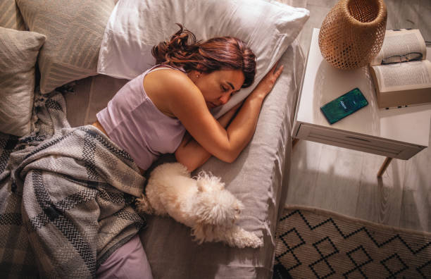 istock Women sleeping with her maltese puppy on bed 1409522068