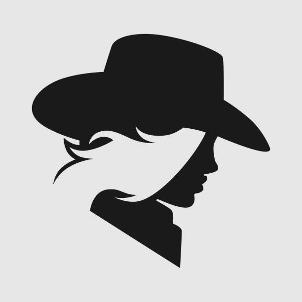 Cowgirl portrait symbol on gray backdrop Pretty cowgirl side view portrait symbol on gray backdrop. Design element head and shoulders logo stock illustrations