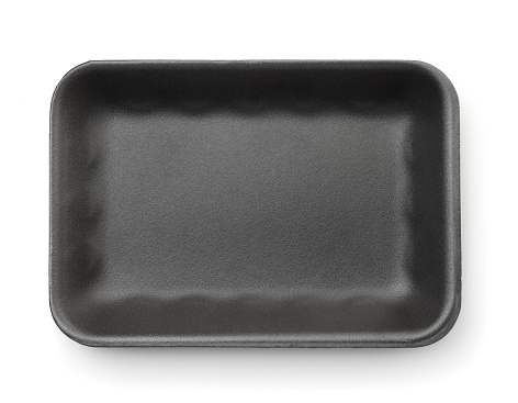 Top view of black empty foam food tray isolated on white