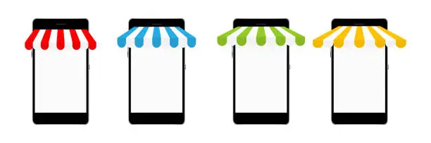 Vector illustration of Smartphone mockup with colorful store awning set.