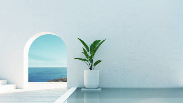 pared de la puerta de lujo mediterránea a la vista al mar 

y escalera - estilo isla de santorini - 3d 

renderización - santorini greece villa beach fotografías e imágenes de stock