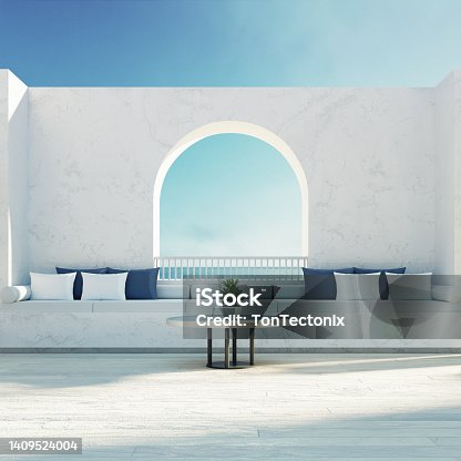 istock Luxury beach outdoor living - Santorini island 

style - 3D rendering 1409524004