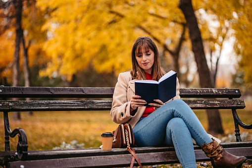 Beautiful young woman sitting on the park bench in the park during autumn and reading a book.