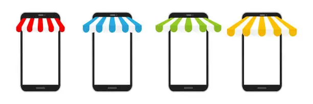 Vector illustration of Smartphone mockup with colorful store awning set.