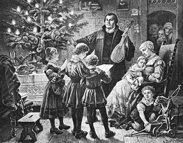 마틴 루터가 크리스마스 트리에서 가족과 함께 음악을 만든다. - 1894 stock illustrations