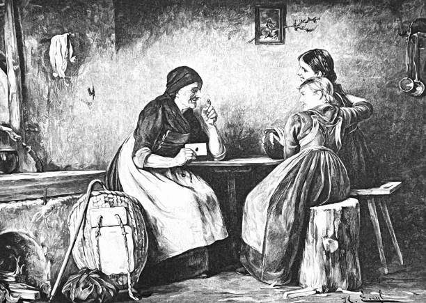 Grandmother and two young girls gossip Illustration from 19th century. old ladies gossiping stock illustrations
