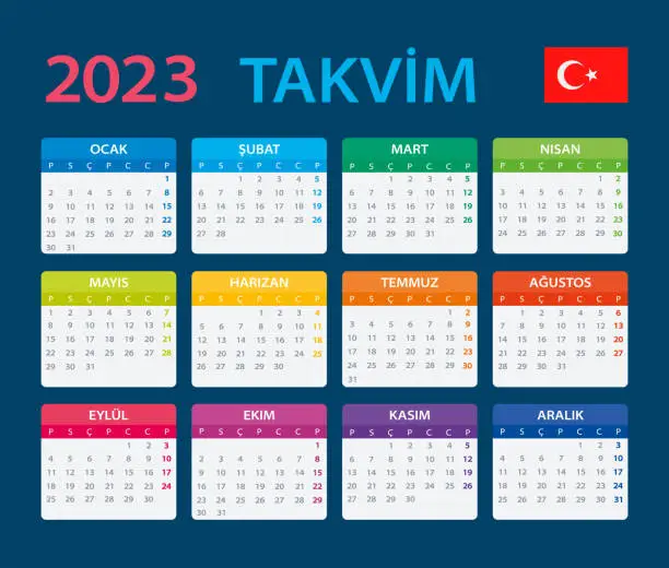 Vector illustration of Vector template of color 2023 calendar - Turkish version