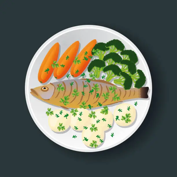 Vector illustration of Restaurant Service Baked Fish Potatoes and Vegetables