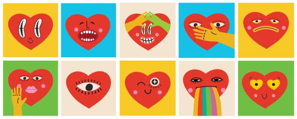 Retro love crazy and smeared heart smiley face. Hippie groovy smile character vector set. Valentine day concept. Vector illustration Retro love crazy and smeared heart smiley face. Hippie groovy smile character vector set. Valentine day concept. Vector illustration cards melting brain stock illustrations