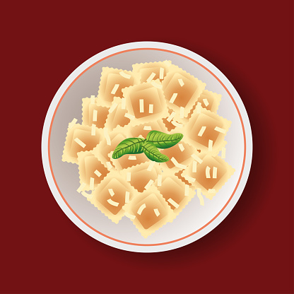 Vector Illustration of a Delicious Restaurant Service Ravioli Noddles With Grated Cheese