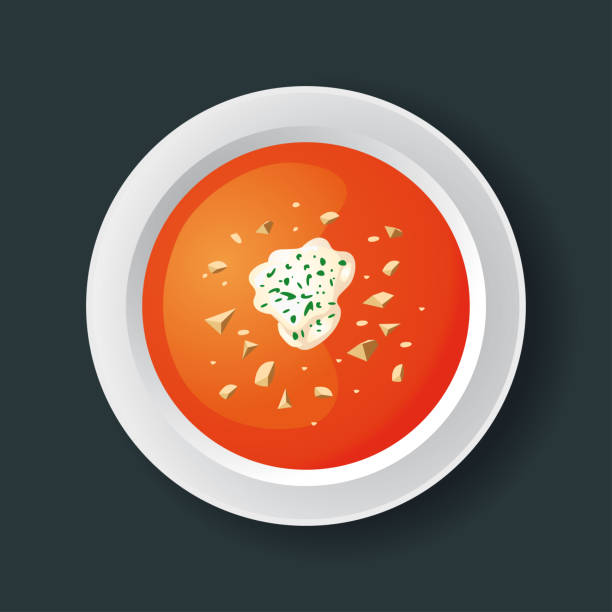 bildbanksillustrationer, clip art samt tecknat material och ikoner med restaurant service tomato soupe with fresh cream - tomatsoppa