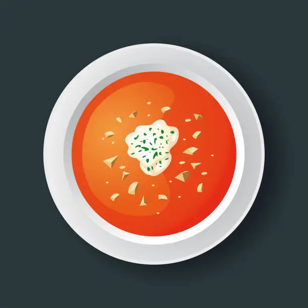 Vector illustration of Restaurant Service Tomato Soupe With Fresh Cream