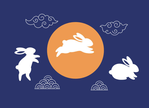 ilustraciones, imágenes clip art, dibujos animados e iconos de stock de feliz tarjeta de felicitación del año nuevo chino 2023 con lindos conejos blancos. año del conejo. festival del medio otoño. ilustración vectorial dibujada a mano - conejo