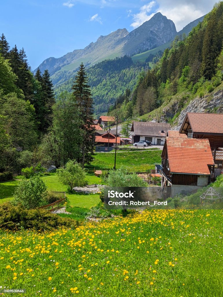 Mountain village of Jaun near Bulle in Fribourg Canton above Gruyere in the Swiss Alps Switzerland Fribourg Canton Stock Photo