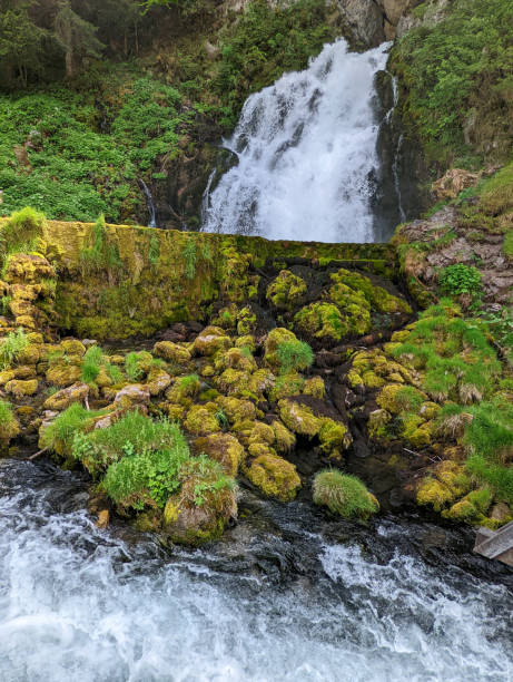 ruscello impetuoso e cascata in primavera nel villaggio di montagna di jaun vicino a bulle nel canton friburgo sopra gruyère nelle alpi svizzere svizzera - waterfall footbridge switzerland rapid foto e immagini stock