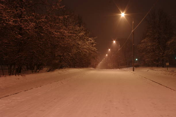 night road in Kolomenskoye park covered with snow with burning lanterns and trees along the edges
