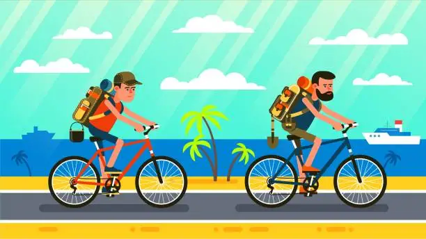 Vector illustration of Two tourists with backpacks on bicycles