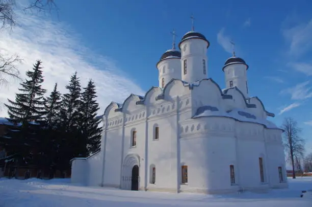 The Cathedral of the Nativity of the Virgin in Suzdal, taken in winter against the background of the evening blue sky