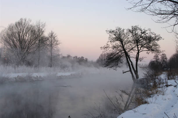 winter river against a pink dawn with fog over the water and snow-covered banks with bare trees