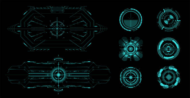 Futuristic optical aim, HUD compass. Sniper aim pointer. UI, HUD technology aiming, weapon military futuristic sights. Game target borders, sci-fi empty vr, menu technology interface. Target ui screen Futuristic optical aim, HUD compass. Sniper aim pointer. UI, HUD technology aiming, weapon military futuristic sights. spy games stock illustrations