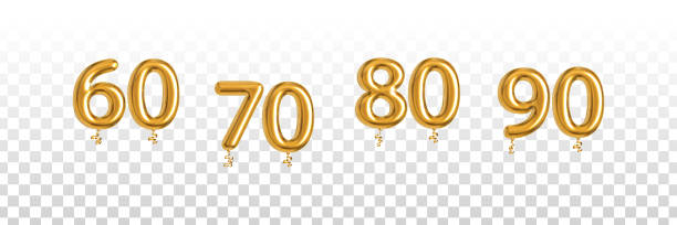 Vector realistic isolated golden balloon of 60, 70, 80 and 90 on the transparent background. Vector realistic isolated golden balloon of 60, 70, 80 and 90 on the transparent background. number 60 stock illustrations