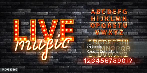 istock Vector realistic isolated retro marquee billboard with electric light lamps of Live Music logo with alphabet font 1409533662
