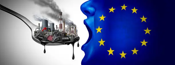 European Union Pollution and Polluted EU concept with fossil fuel and industrial toxic waste as the flag of Europe eating petroleum and dirty polluted energy as an environmental icon with 3D illustration elements.