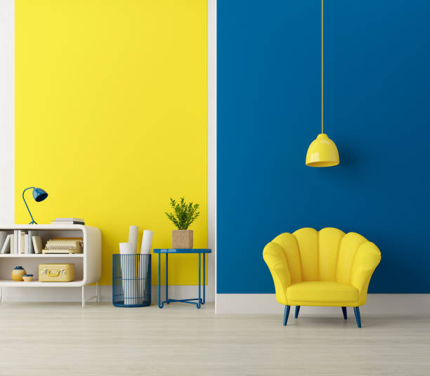 istock Modern interior room with armchair.Blue and yellow wall background.3d rendering 1409535385