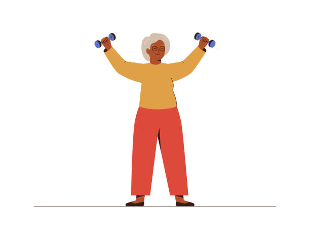 Elderly woman training with Dumbbells at home. Senior female has fitness workout. Elderly woman training with Dumbbells at home. Senior female has fitness workout. Concept of healthy sport habits and active lifestyle. Vector illustration. cartoon of the older people exercising gym stock illustrations