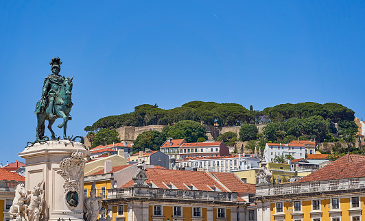 Praça do Comércio (Commerce Square) in Lisbon, Portugal with the Statue of King José I and Castelo Sao Jorge