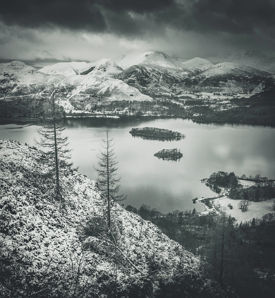 Derwentwater seen from Walla Crag in the Lake District in winter.