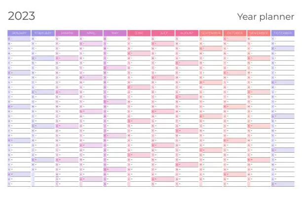 Vector illustration of 2023 year calendar.  Planner template with vertical columns. Vector business organizer.