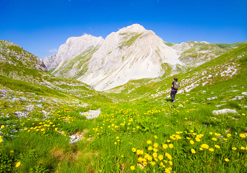 Pizzo Intermesoli, Italy - 26 June 2022 - The third highest peak of the mountain range named Gran Sasso, Abruzzo region, with hiker who practice trekking at high altitude, on Val Maone path. Here a view with girl hiker.