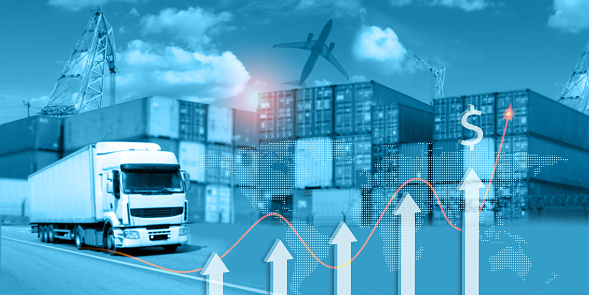 Freight transportation, logistics concept. Graphics of growth of volumes and cost of delivery, export or import against background of industrial containers at cargo terminal and cargo transport
