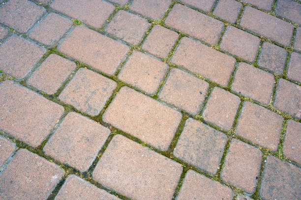 istock Top view of red brick pavers walkway 1409541128
