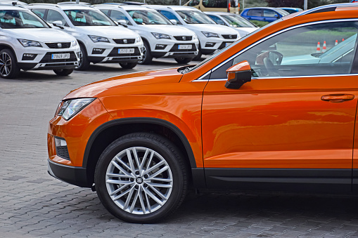 Torun, Poland - 1st August, 2016: Seat Ateca SUV vehicles on a public parking before the drives. The Ateca is the first SUV from Seat brand (Volkswagen Group) on the European market.