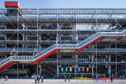 Paris, France - May, 2022: View of Centre Georges Pompidou (1977)and facade details, designed by Richard Rogers and Renzo Piano. Building was designed in style of high-tech architecture