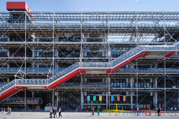 Centre Georges Pompidou and facade details, Paris, France - May, 2022: View of Centre Georges Pompidou (1977)and facade details, designed by Richard Rogers and Renzo Piano. Building was designed in style of high-tech architecture pompidou center stock pictures, royalty-free photos & images