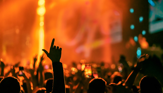 Rear view of a large group of people in front of a music festival stage. Crowd is excited and dancing, raising hands, clapping, punching the air, filming with mobile phones, etc... under orange lights.
